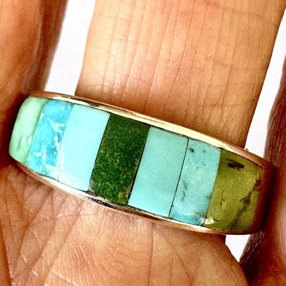Navajo Mens Wedding Band Turquoise Inlay Sz 12.5 Ring 8mm Signed Tsosie Native